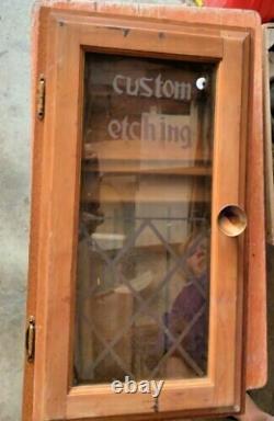 VINTAGE DISPLAY CABINET SAYS custom etching on glass. Comes with shelves