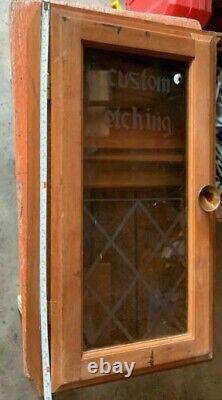 VINTAGE DISPLAY CABINET SAYS custom etching on glass. Comes with shelves
