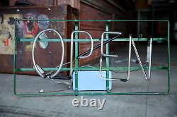 VINTAGE Neon Sign Open Light STORE DISPLAY LIGHTED NEON SIGN GREEN METAL FRAME