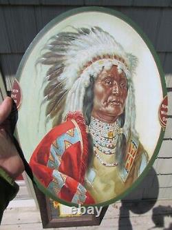 VINTAGE ORIGINAL c1900 WE SELL SKINNERS SATINS INDIAN CHIEF TIN LITHOGRAPH SIGN