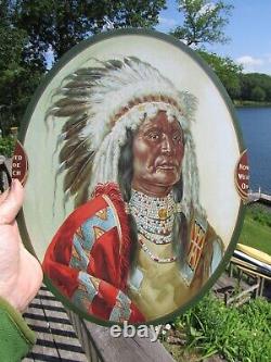 VINTAGE ORIGINAL c1900 WE SELL SKINNERS SATINS INDIAN CHIEF TIN LITHOGRAPH SIGN