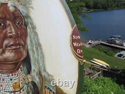 VINTAGE ORIGINAL c1900 WE SELL SKINNERS SATINS INDIAN CHIEF TIN LITHOGRAPH SIGN