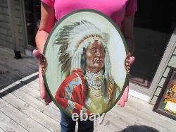 VINTAGE ORIGINAL c1900 WE SELL SKINNERS SATINS INDIAN CHIEF TIN LITHOGRAPH SIGN