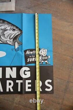 Vintage 1960 Newton Fishing Headquarters Store display Window sign lures Hunting