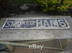 Vintage Antique SMOKED HAMS Advertising Store Display OLD Decor Restaurant SIGN
