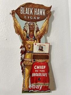 Vintage BLACK HAWK CIGAR Sign store display Litho Indian Chief NOS Original