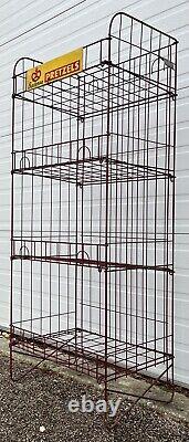 Vintage Bachman Pretzels Advertising Wire Metal Store Display Stand Rack & Sign