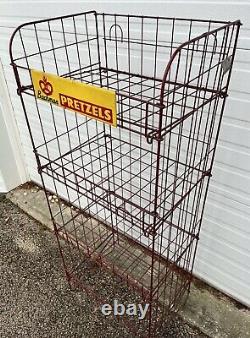 Vintage Bachman Pretzels Advertising Wire Metal Store Display Stand Rack & Sign