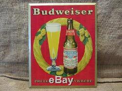 Vintage Budweiser Beer Metal Litho Sign Antique Old Brewery Bud Light 9425