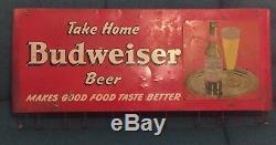 Vintage Budweiser Beer Sign 1930s Painted Tin Litho Antique Store Display Rare