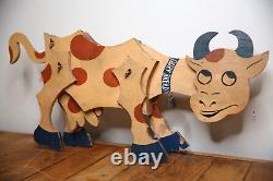 Vintage Dairy Farm Cow wood trade sign store display articulating folk art bell