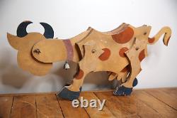 Vintage Dairy Farm Cow wood trade sign store display articulating folk art bell