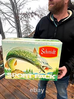 Vintage Early Schmidt Beer Store Display Sports Pack Can Sign with Musky Fish
