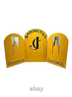 Vintage GUIGNOL JC Marionettes Display Advertising Wooden Sign Yellow Black