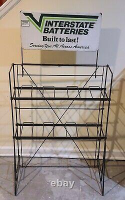 Vintage Interstate Battery Built To Last 2-Sided Sign & Metal Display Rack Stand