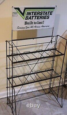 Vintage Interstate Battery Built To Last 2-Sided Sign & Metal Display Rack Stand