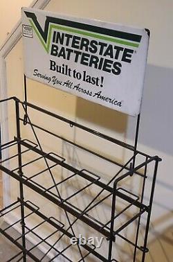 Vintage Interstate Battery Built To Last 2-Sided Sign & Metal Display Rack Stand