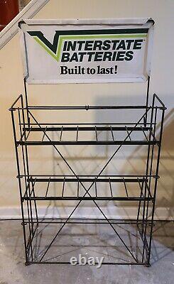 Vintage Interstate Battery Built To Last 2-Sided Sign & Metal Display Rack Stand