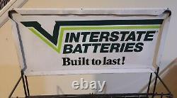 Vintage Interstate Battery Built To Last 2-Sided Sign & Metal Display Rack Stand