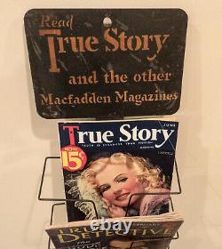 Vintage Macfadden True Story Advertising Magazine Rack Sign & Magazine Lot