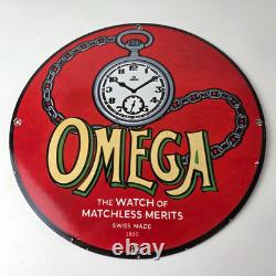Vintage Omega Watches Porcelain Sign Swiss Made Store Display Gas Pump Sign