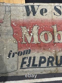 Vintage Original MOBILOIL FILPRUF Bottle Gargoyle Canvas Banner Oil Gas Sign