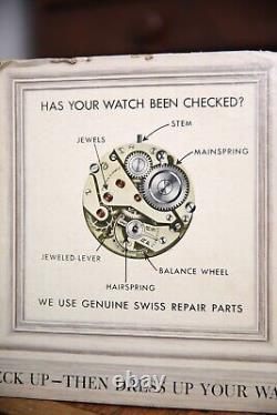 Vintage Store Counter Watch Display Sign Swiss Repair Parts Elgin Rolex Omega